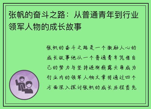 张帆的奋斗之路：从普通青年到行业领军人物的成长故事